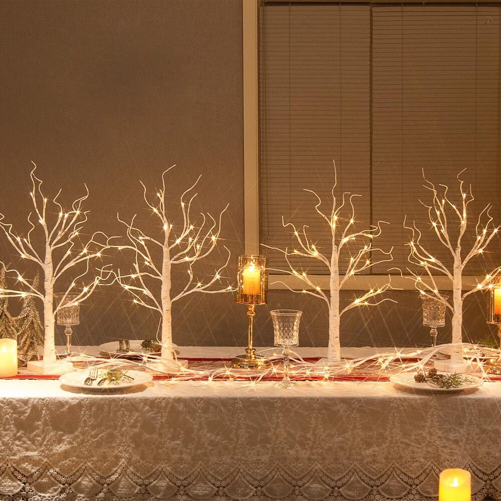 1739 Christmas Tree Decorations, White Birch Tree with LED Lights- Set of